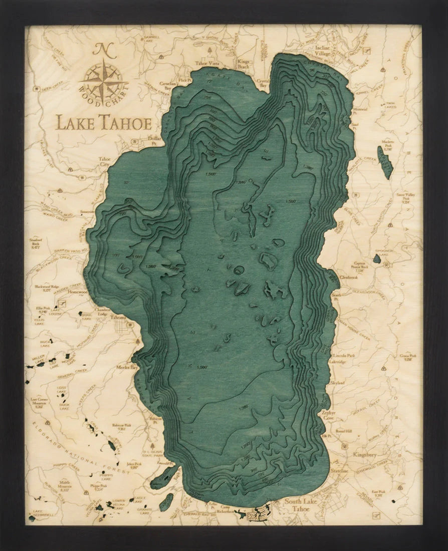 Lake Tahoe 3D Nautical Wood Chart - Small - Dark Frame