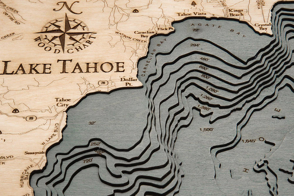 Lake Tahoe 3D Nautical Wood Chart - Small - Gray Frame Detail (Tahoe City)