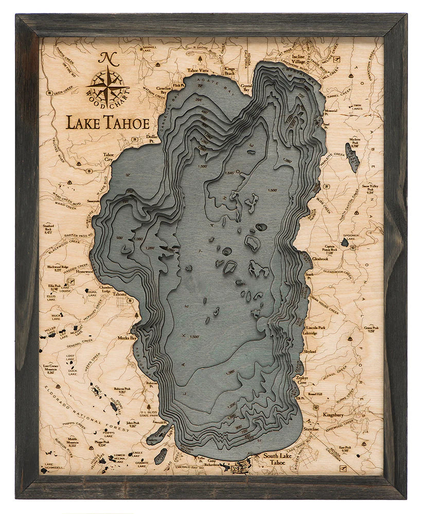 Lake Tahoe 3D Nautical Wood Chart - Small - Gray Frame