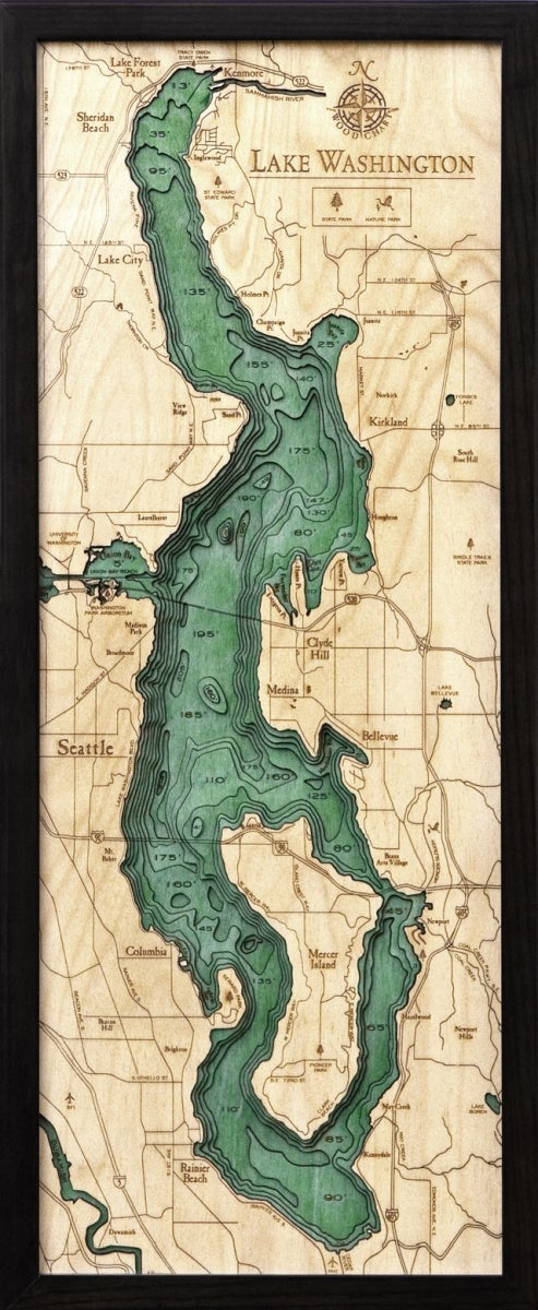 Lake Washington 3D Wood Chart - Dark Frame