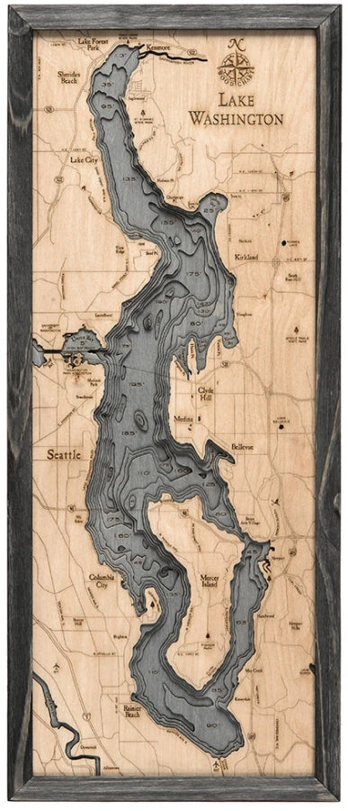 Lake Washington 3D Wood Chart - Grey Frame