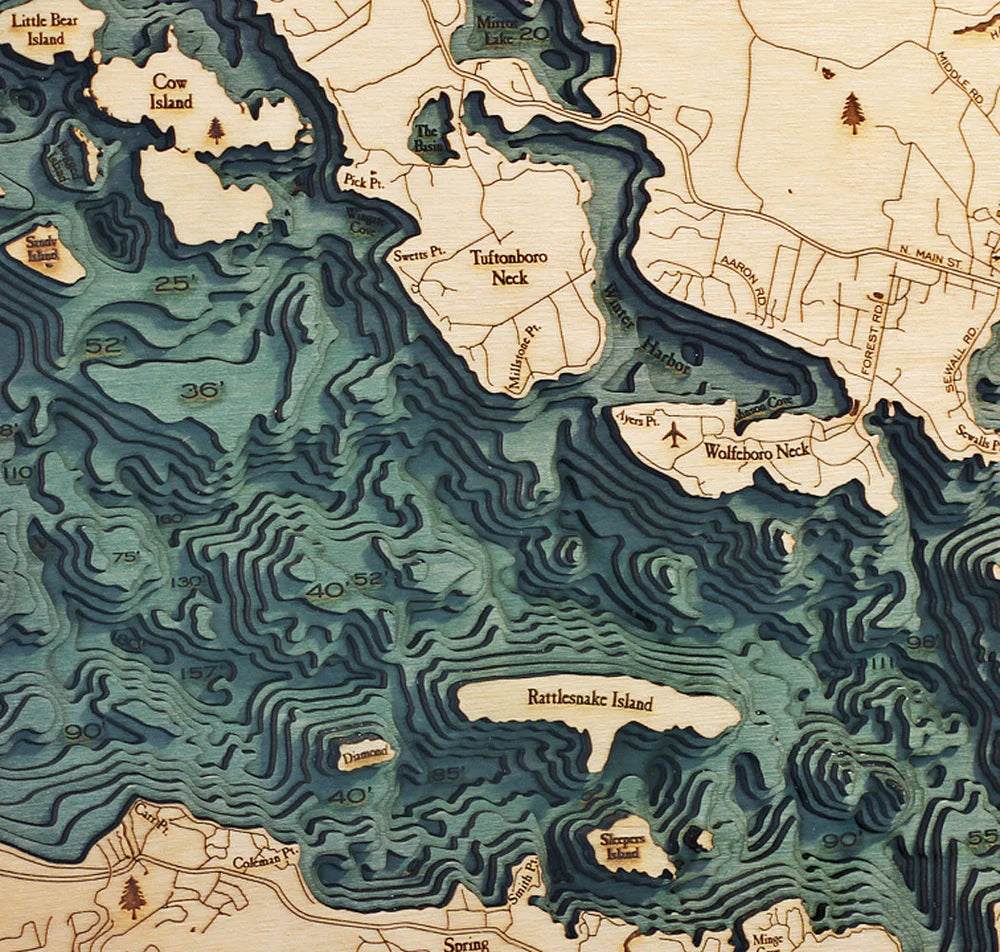 Lake Winnipesaukee, NH 3D Nautical Wood Chart - Dark Frame Detail