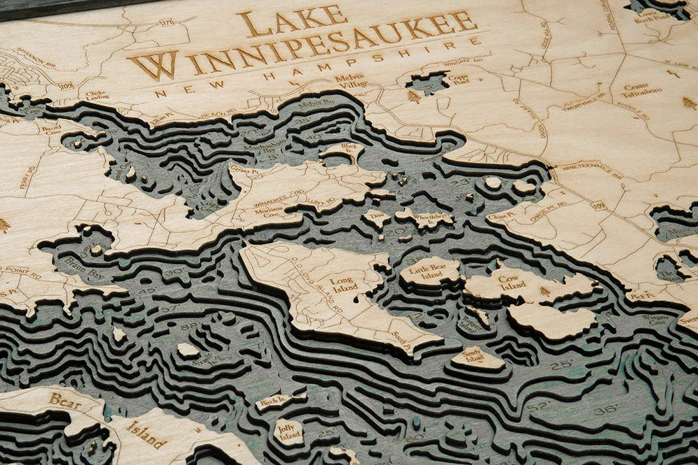 Lake Winnipesaukee, NH 3D Nautical Wood Chart - Gray Frame Detail