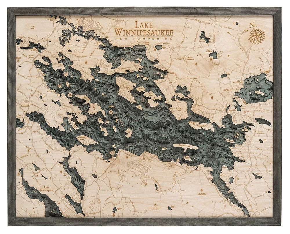 Lake Winnipesaukee, NH 3D Nautical Wood Chart - Gray Frame