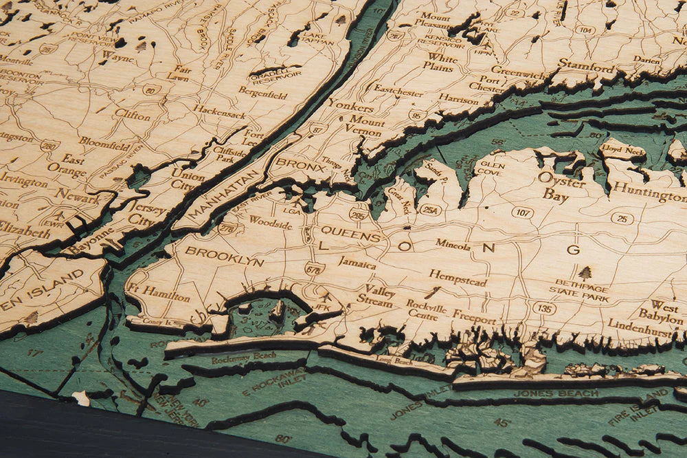 Long Island Sound 3D Nautical Wood Chart - Dark Frame Detail (Brooklyn)