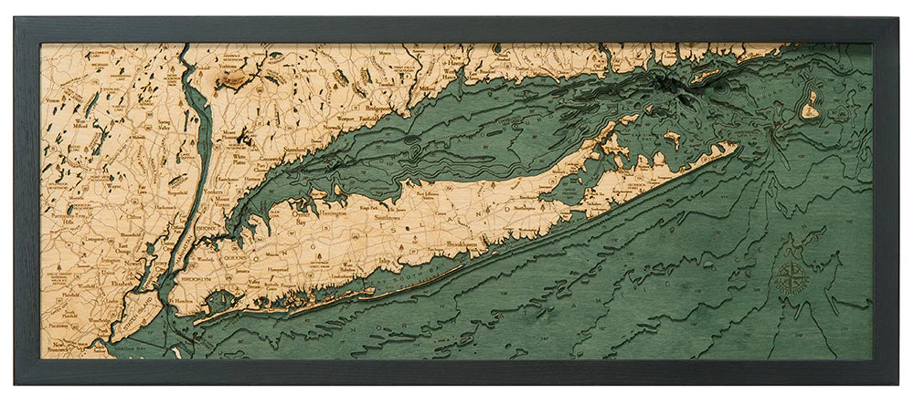 Long Island Sound 3D Nautical Wood Chart - Dark Frame