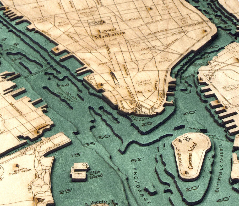 Manhattan, NY 3D Nautical Wood Chart - Dark Frame Detail (Lower Manhattan)