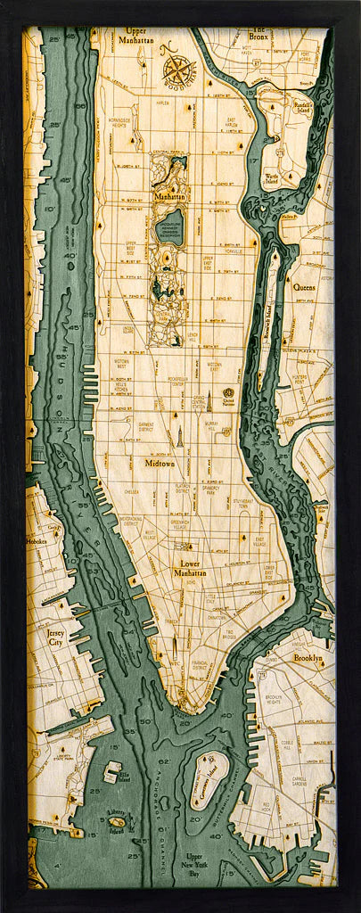 Manhattan, NY 3D Nautical Wood Chart - Dark Frame