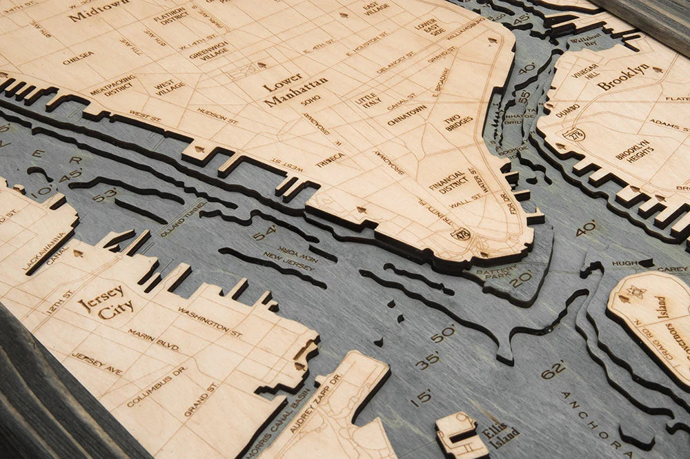 Manhattan, NY 3D Nautical Wood Chart - Gray Frame Detail (Lower Manhattan)