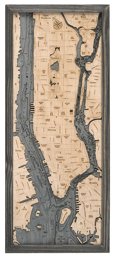 Manhattan, NY 3D Nautical Wood Chart - Gray Frame