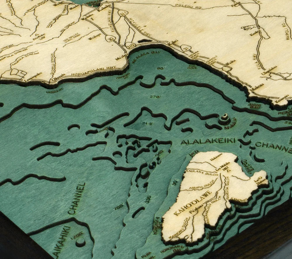 Maui, HI 3D Nautical Wood Chart Dark Frame Detail (Kaho'olawe)
