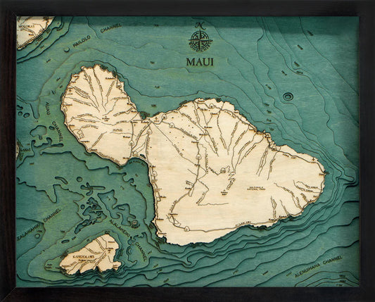Maui, HI 3D Nautical Wood Chart Dark Frame