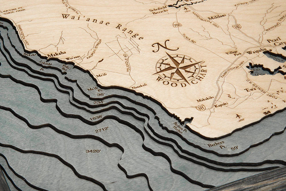 Maui, HI 3D Nautical Wood Chart Gray Frame Detail (Wai'anae Range)