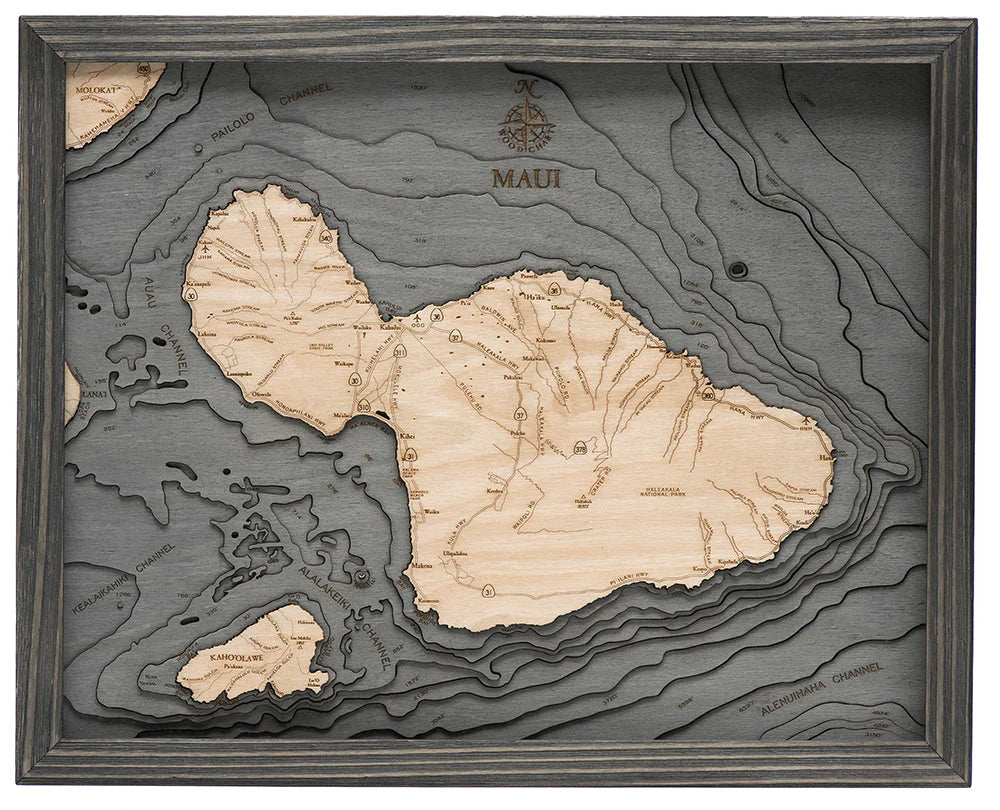 Maui, HI 3D Nautical Wood Chart Gray Frame