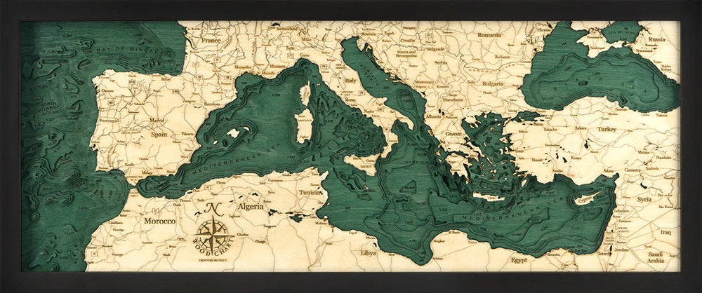 Mediterranean Sea 3D Nautical Wood Chart - Dark Frame