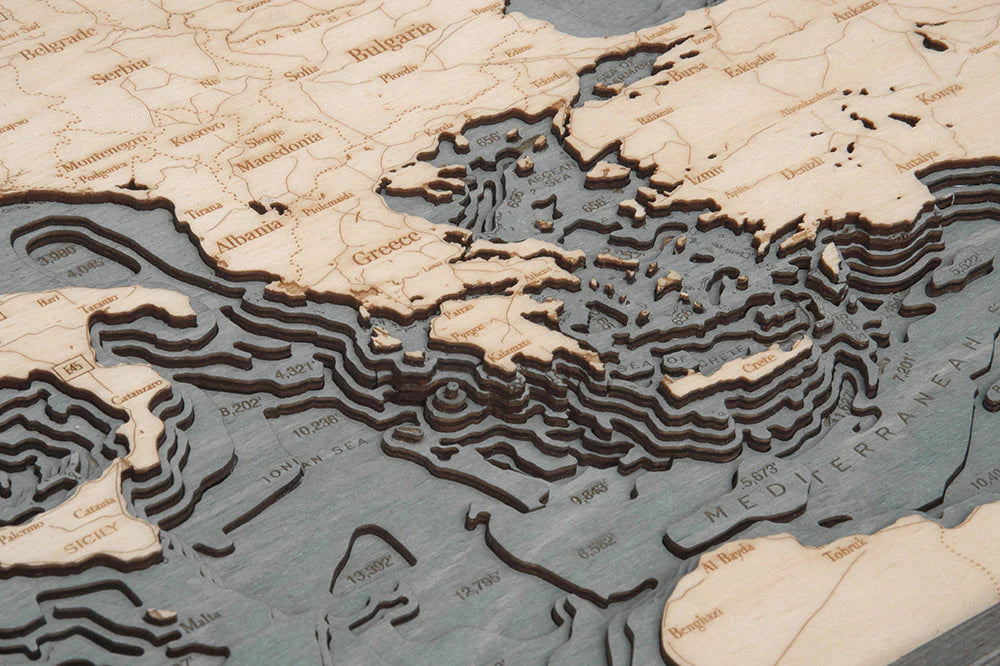Mediterranean Sea 3D Nautical Wood Chart - Gray Frame Detail (Greece)
