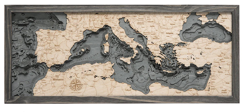 Mediterranean Sea 3D Nautical Wood Chart - Gray Frame
