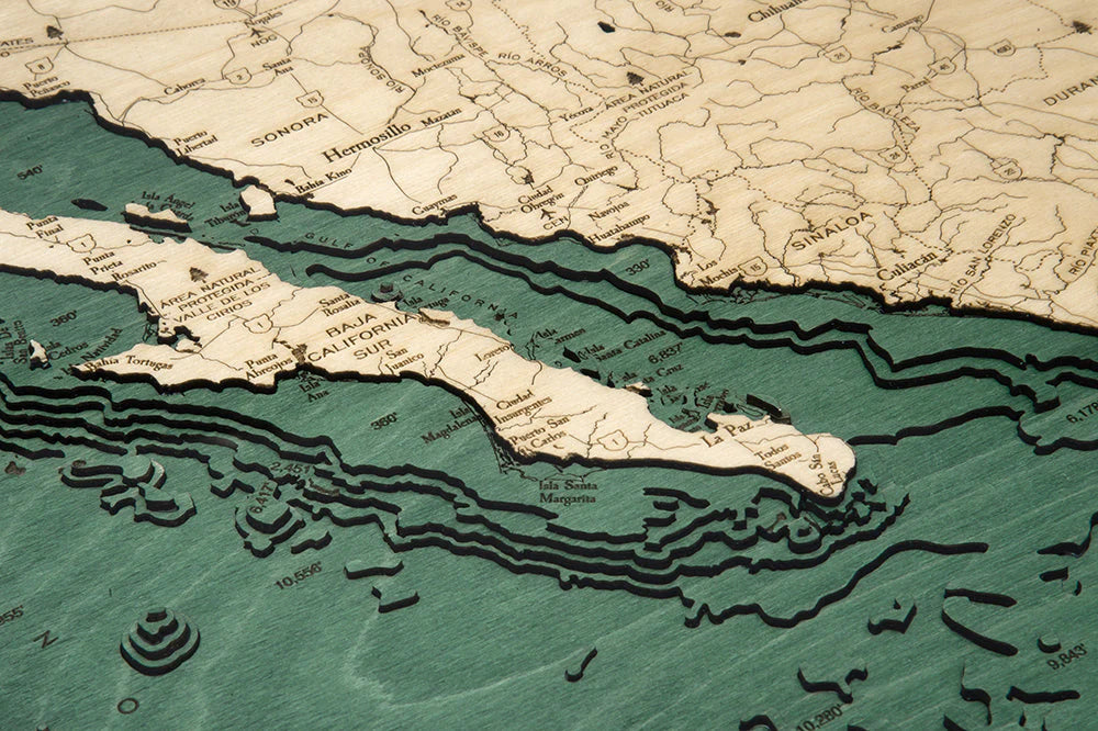 Mexico 3D Nautical Wood Chart - Dark Frame Detail (Baja California Sur)