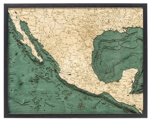 Mexico 3D Nautical Wood Chart - Dark Frame