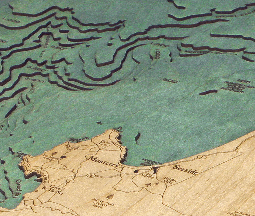 Monterey Bay, CA 3D Nautical Wood Chart - Dark Frame Detail
