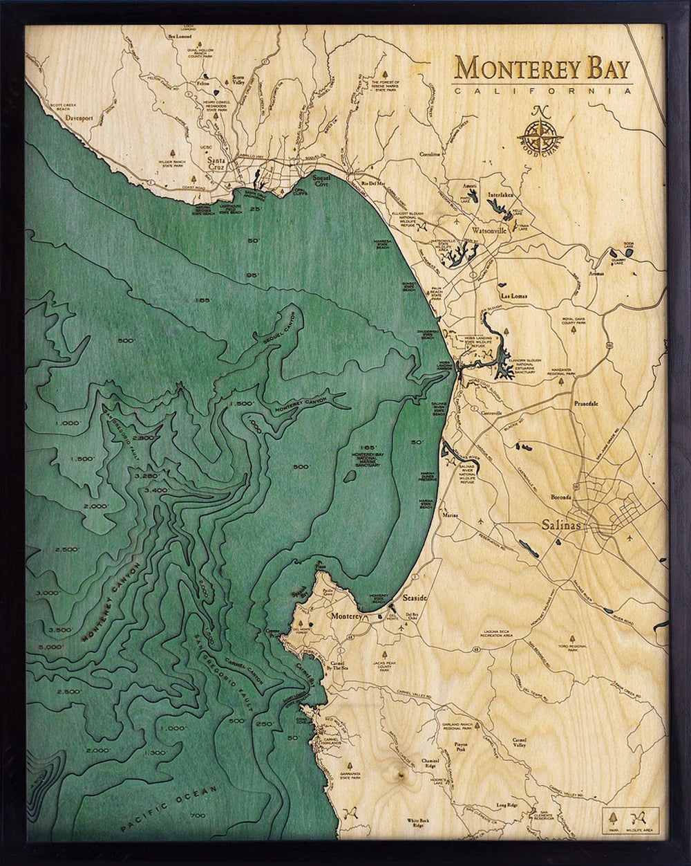 Monterey Bay, CA 3D Nautical Wood Chart - Dark Frame