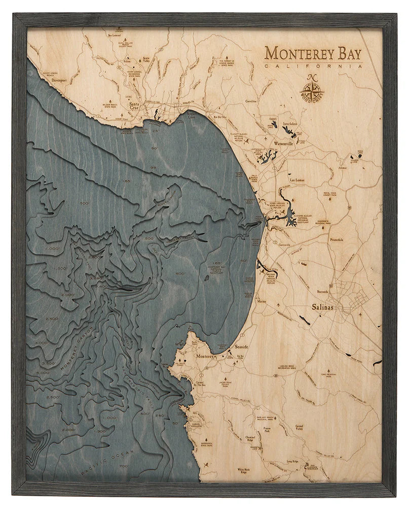 Monterey Bay, CA 3D Nautical Wood Chart - Gray Frame
