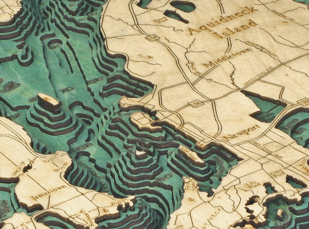 Narragansett Bay & Newport, RI 3D Nautical Wood Chart - Dark Frame Detail