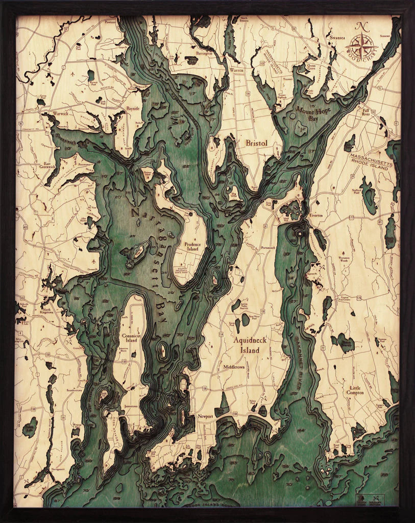 Narragansett Bay & Newport, RI 3D Nautical Wood Chart - Dark Frame