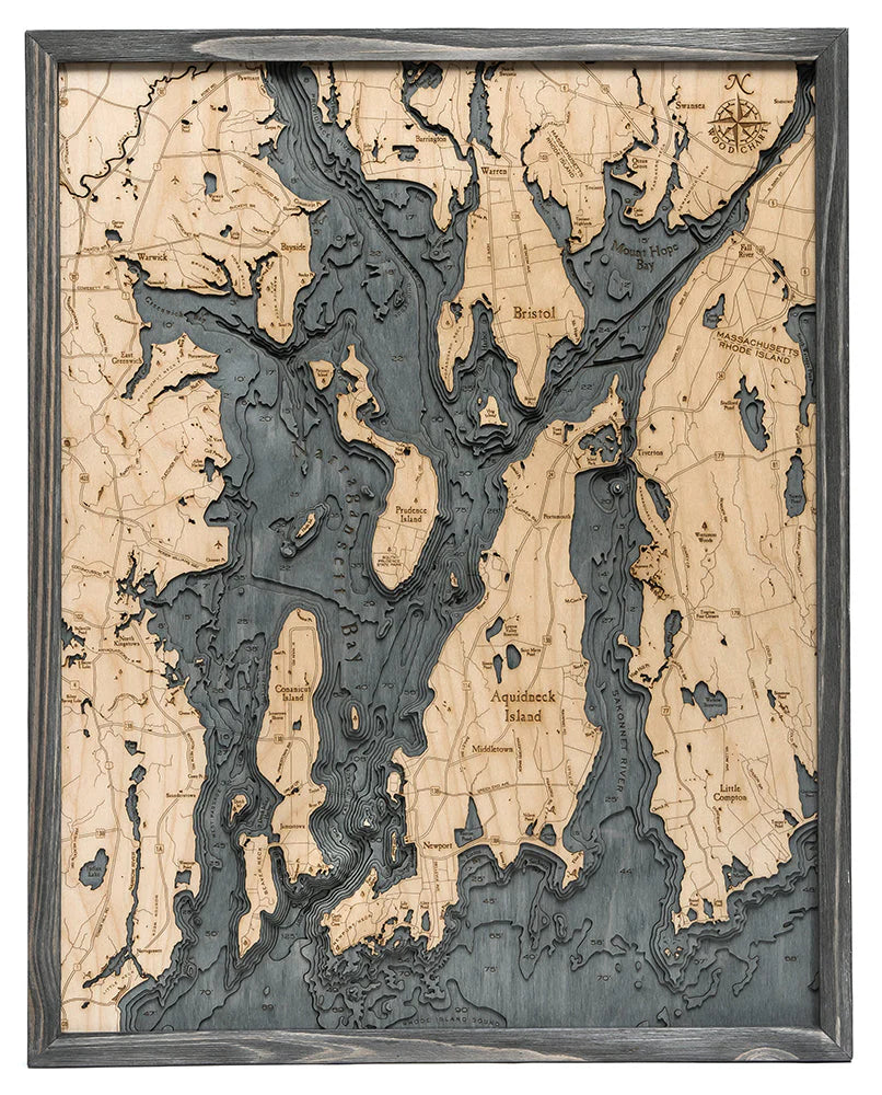 Narragansett Bay & Newport, RI 3D Nautical Wood Chart - Gray Frame