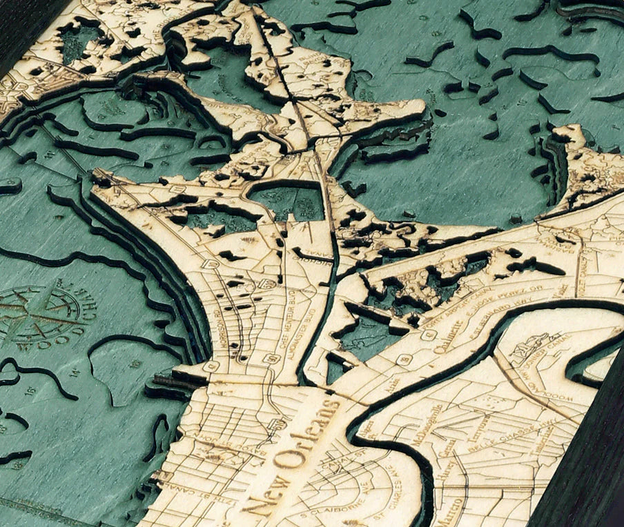 New Orleans, LA 3D Nautical Wood Chart - Dark Frame Detail