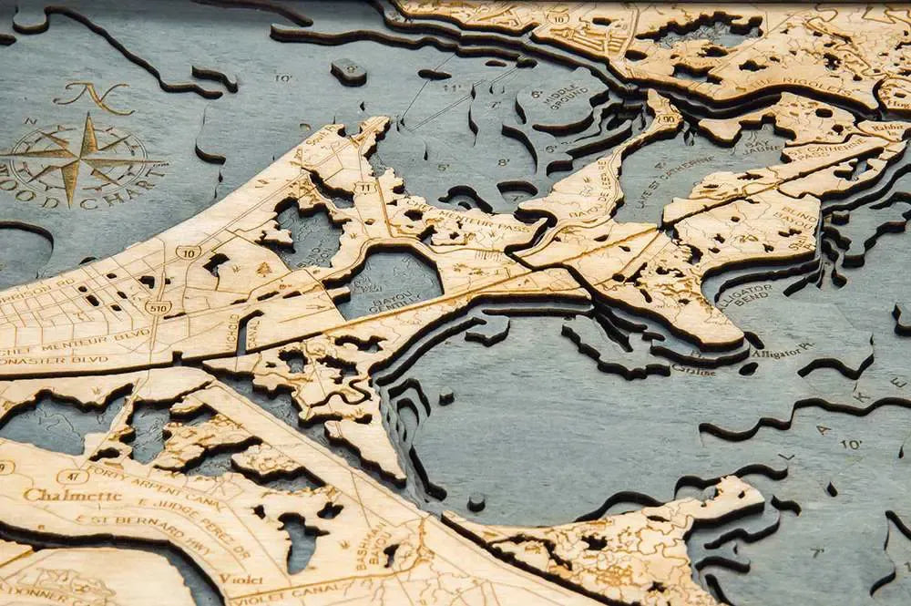 New Orleans, LA 3D Nautical Wood Chart - Gray Frame Detail