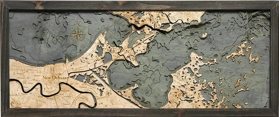 New Orleans, LA 3D Nautical Wood Chart - Gray Frame
