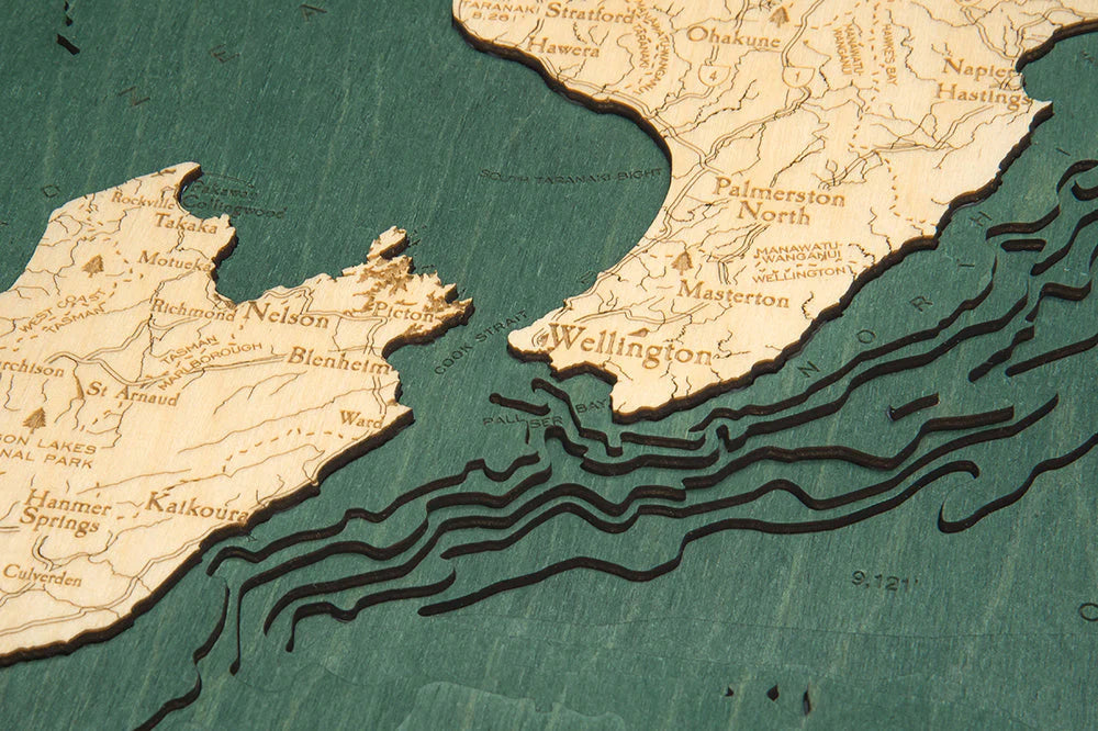 New Zealand 3D Nautical Wood Chart - Dark Frame Detail