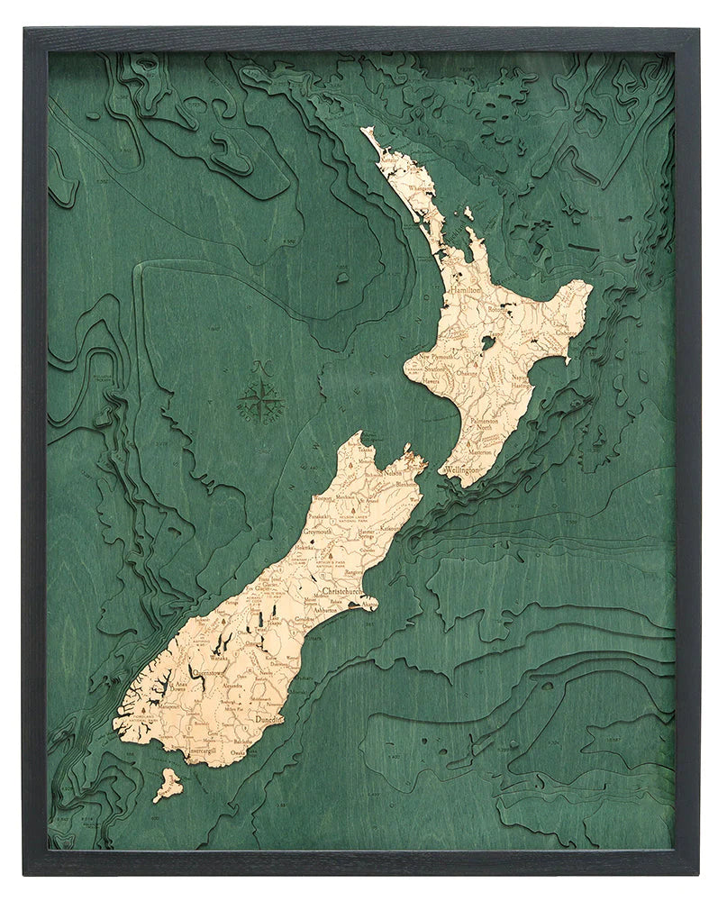 New Zealand 3D Nautical Wood Chart - Dark Frame