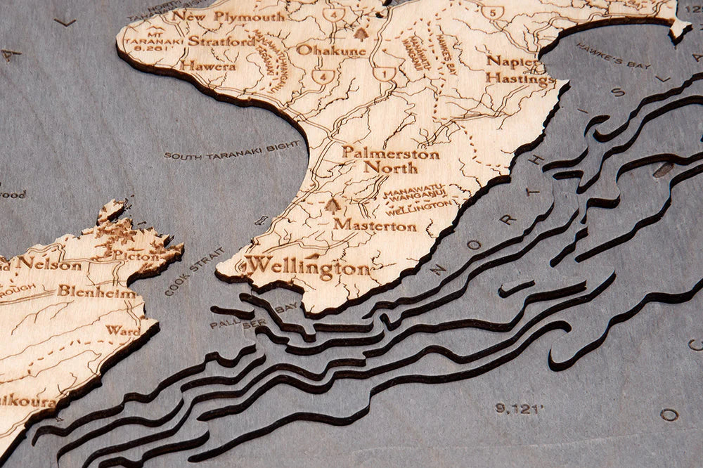 New Zealand 3D Nautical Wood Chart - Gray Frame Detail