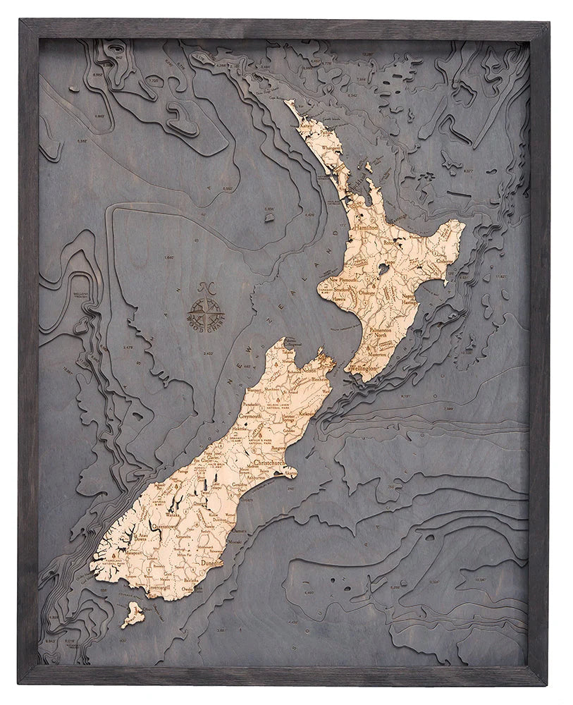 New Zealand 3D Nautical Wood Chart - Gray Frame