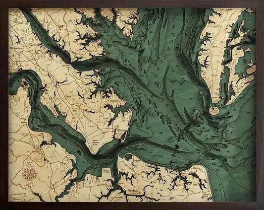 Norfolk, VA 3D Nautical Wood Chart - Dark Frame