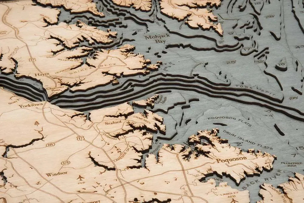 Norfolk, VA 3D Nautical Wood Chart - Gray Frame Detail