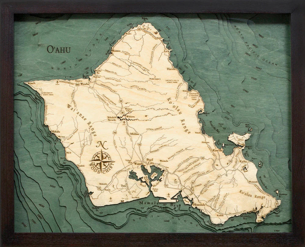 Oahu, HI 3d Nautical Wood Chart - Dark Frame