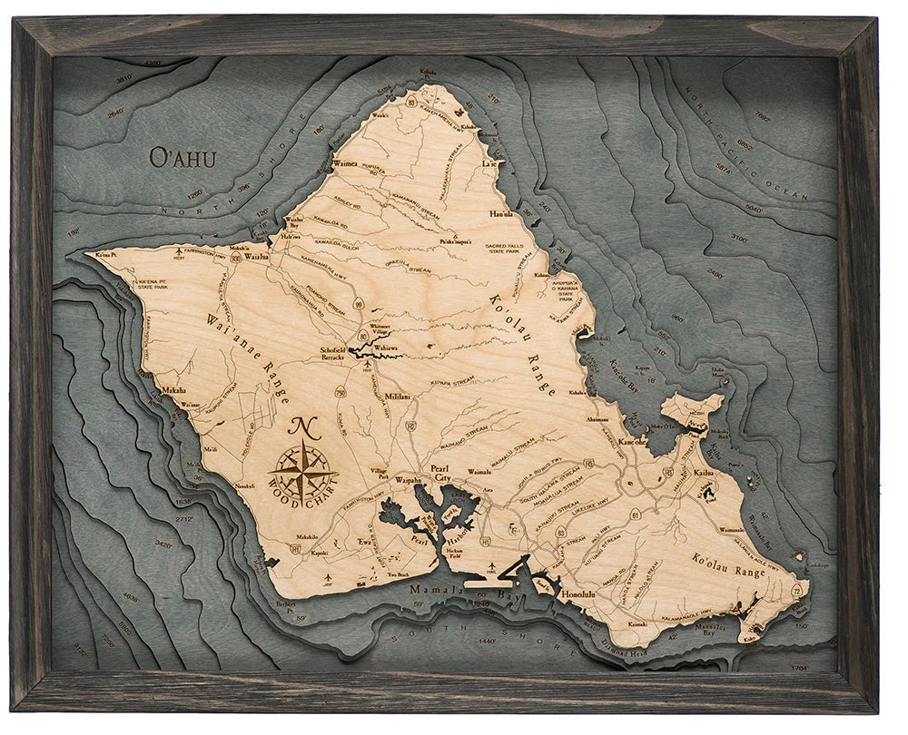 Oahu, HI 3d Nautical Wood Chart - Gray Frame