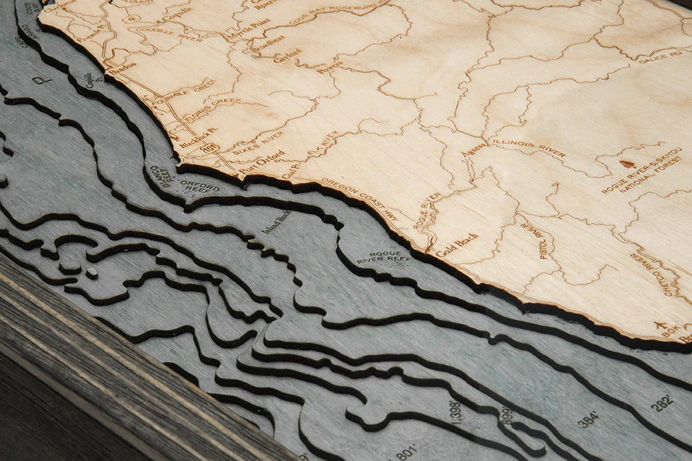 Oregon Coast 3D Nautical Wood Chart - Gray Frame Detail (Port Orford)