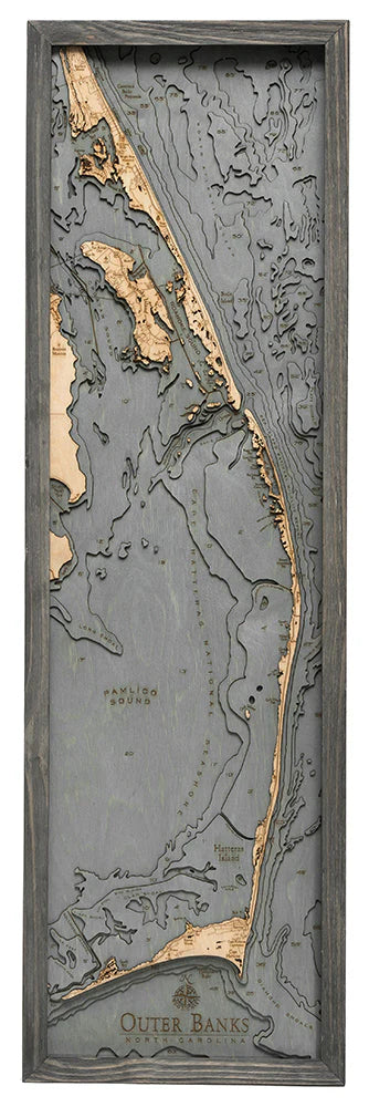 Outer Banks, NC 3D Nautical Wood Chart - Gray Frame