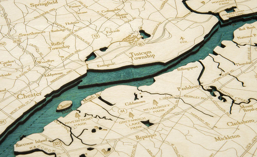 Philadelphia, PA 3D Nautical Wood Chart - Dark Frame Detail (Tinicum Township)