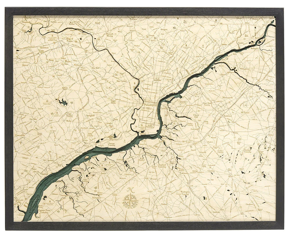 Philadelphia, PA 3D Nautical Wood Chart - Dark Frame