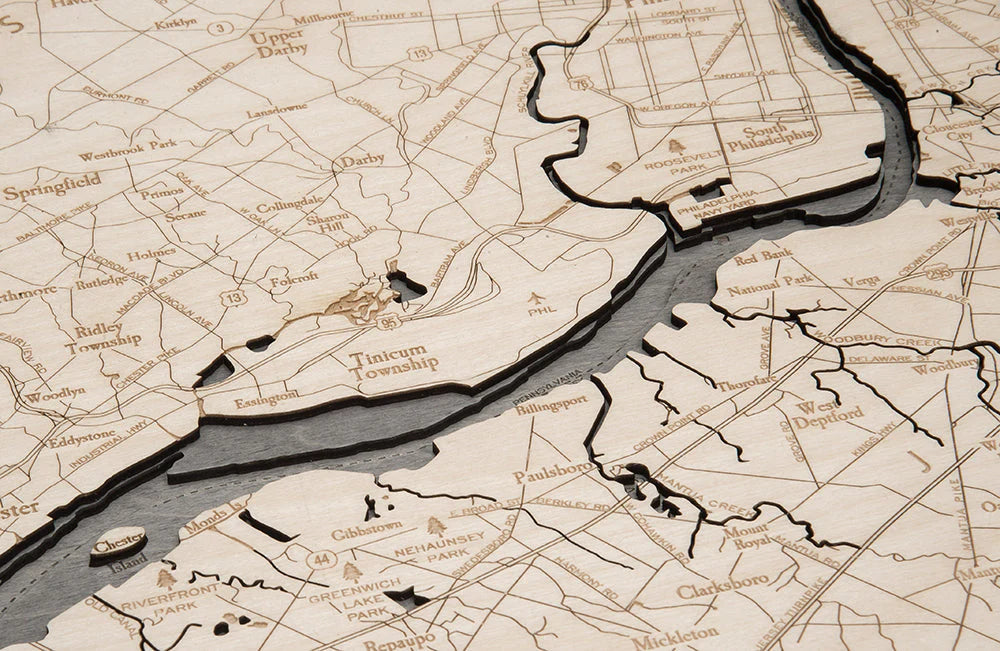 Philadelphia, PA 3D Nautical Wood Chart - Gray Frame Detail (Tinicum Township)