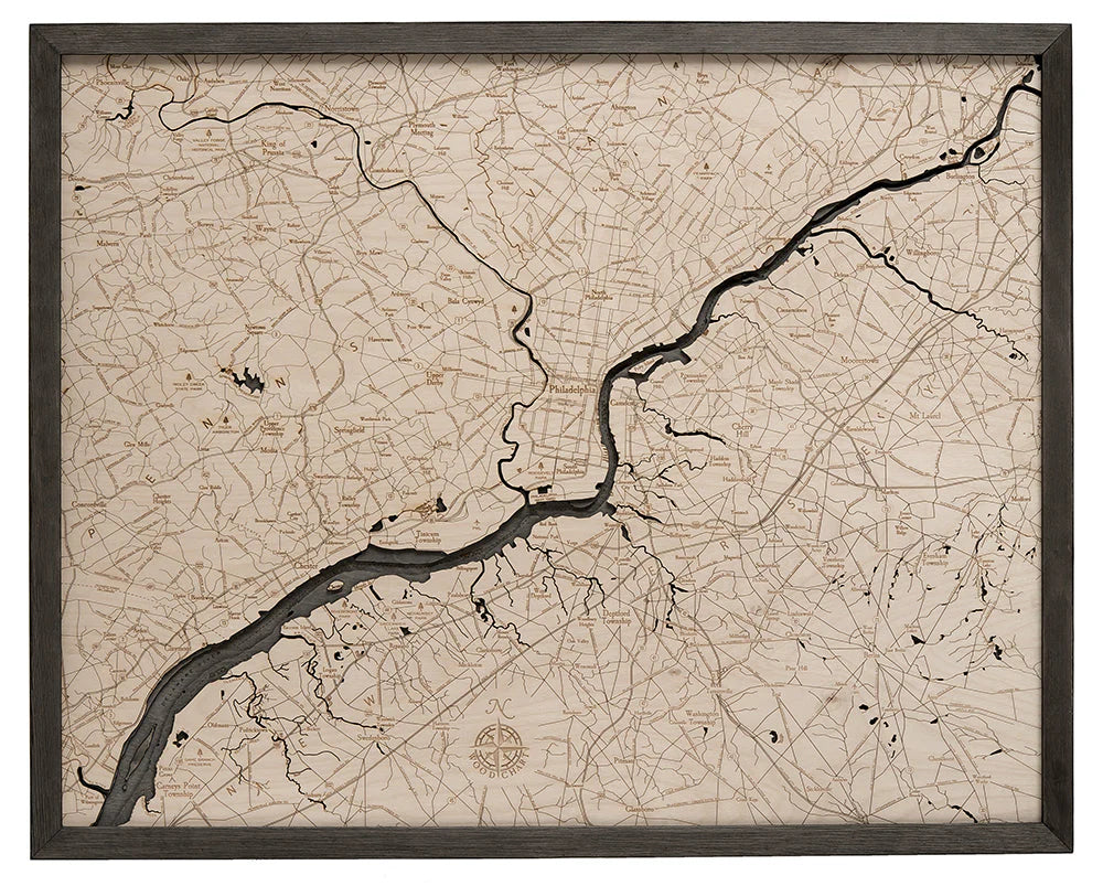 Philadelphia, PA 3D Nautical Wood Chart - Gray Frame