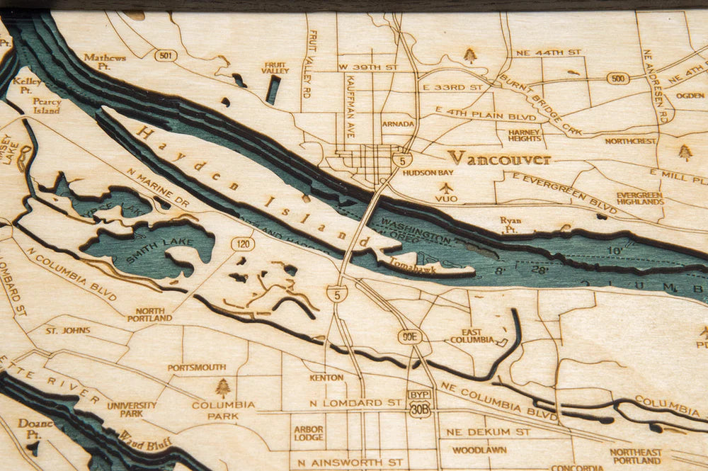 Portland, OR 3D Nautical Wood Chart - Dark Frame, Detail