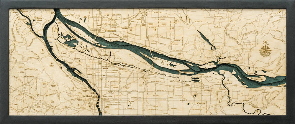 Portland, OR 3D Nautical Wood Chart - Dark Frame