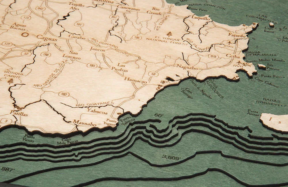 Puerto Rico 3D Nautical Wood Chart - Dark Frame - Detail