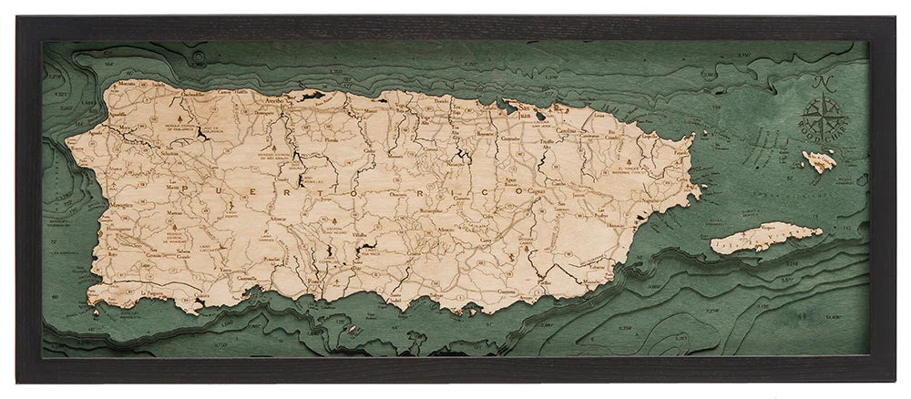 Puerto Rico 3D Nautical Wood Chart - Dark Frame